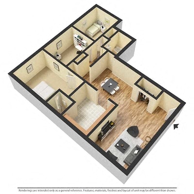 Floor plan for 3 beds, 2 baths, 925 sqft